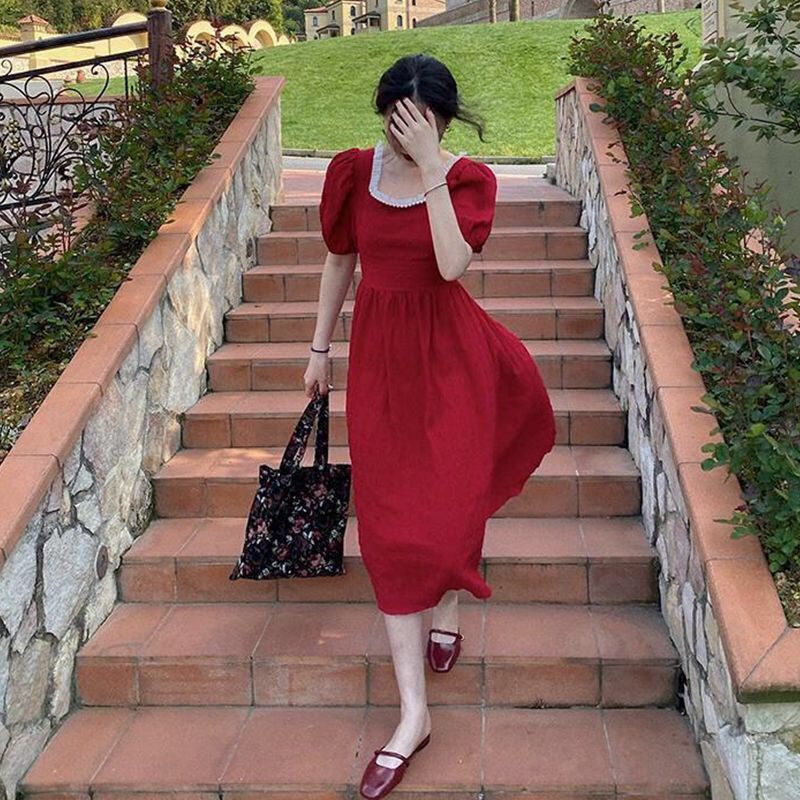 Red Perancis retro lengan pendek gaun musim panas pakaian wanita baru mutiara persegi kerah slim dan asin manis platycodon mid-length dress untuk wanita