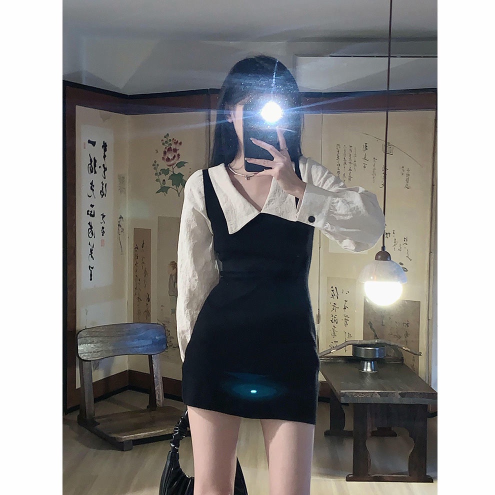 Red Awal musim gugur Gaya Korea keinginan murni kuliah angin kerah gaun pria kecil temperamen pinggang tinggi baru ramping tas pinggul rok wanita