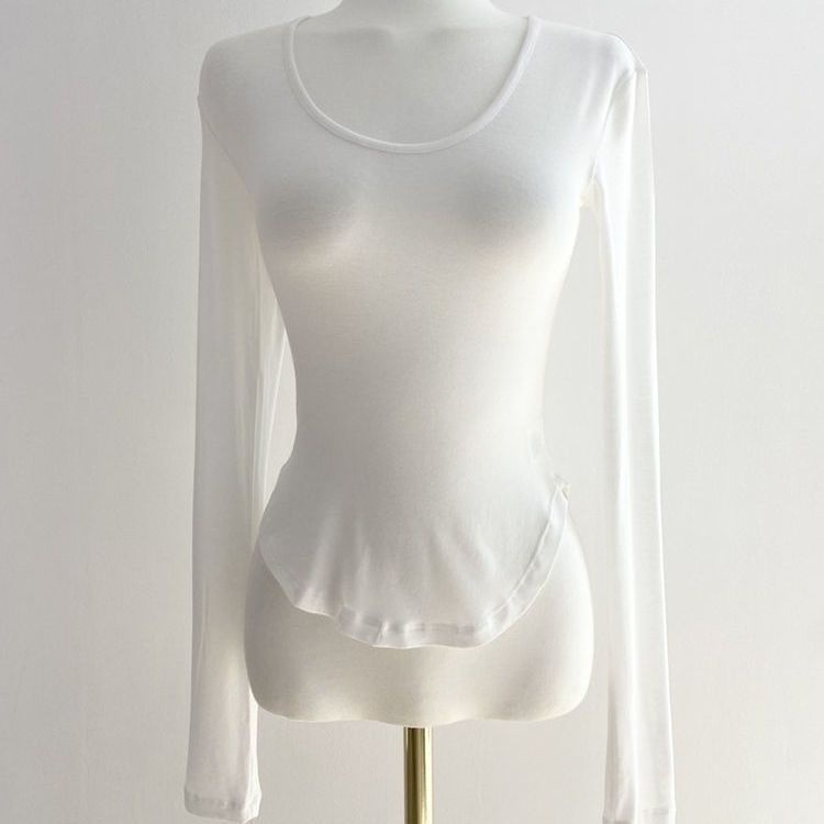 Red Raksasa seksi ~ U-leher menunjukkan dada besar lengan panjang t-shirt wanita bagian tipis mikro-permeabel tubuh ketat menunjukkan bagian dalam kemeja top musim gugur