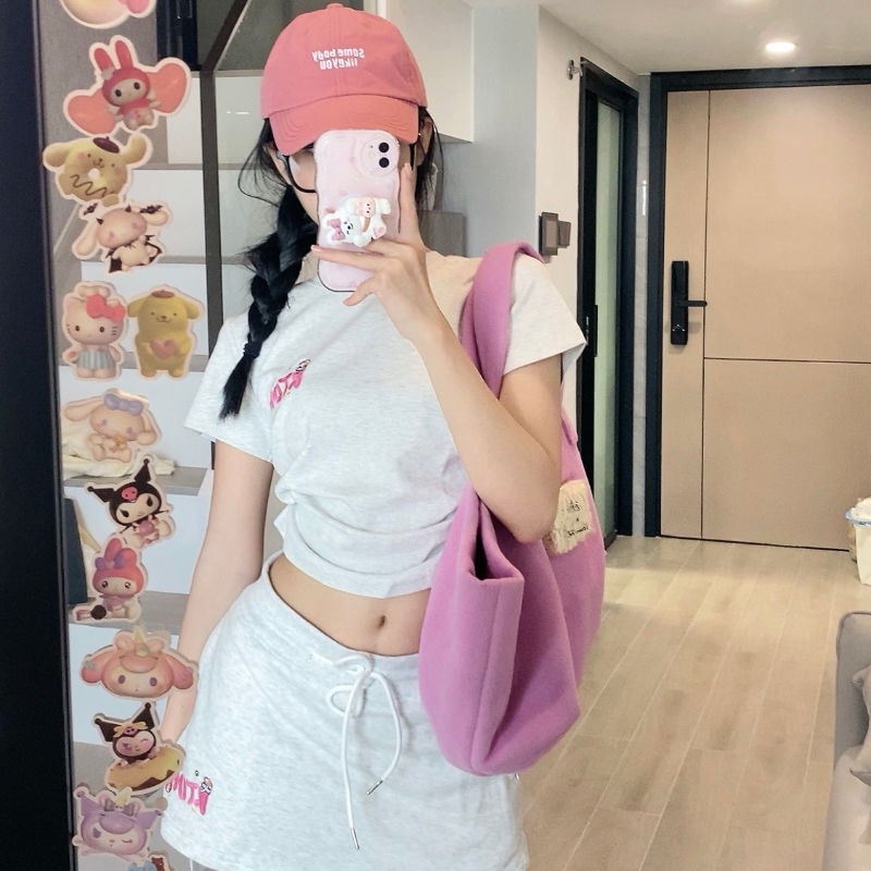 Red Keinginan murni setelan perempuan bordir kasual T-shirt pendek tas lengan rok baru hot gadis musim panas ceruk dua potong tipis