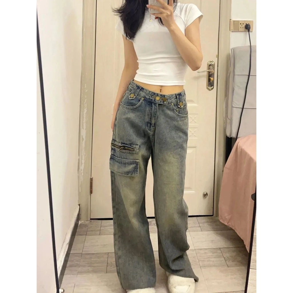 Red Retro Pinggang Tinggi Amerika High Street Jeans Wanita Baru Musim Panas Lurus Longgar Lebar Kaki Desain Ramping Mengepel Celana