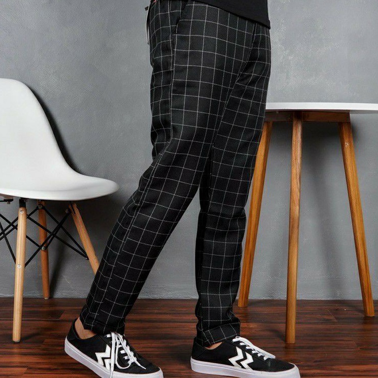 (COD )NEW_PRODUCT Celana Chino Tartan Pria Ankle Pants Motif Kotak Kotak Panjang Cowok Salur Model K