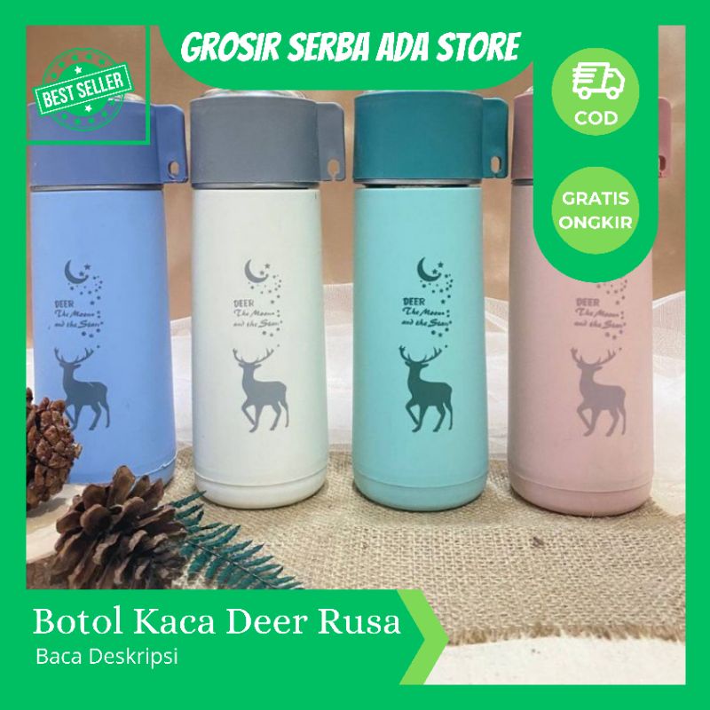 botol kaca motif rusa / botol minum kaca deer rusa / botol minum / botol minum rusa / botol / 450ml