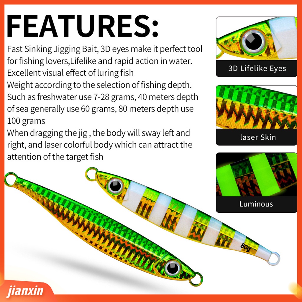 [Jianxin] 14/40/80g Umpan Pancing 3D Simulasi Fisheye Tajam Kait Bercahaya Angling Logam Air Asin Glow-in-the-dark Bionic Buatan Umpan Memancing Luar Ruangan