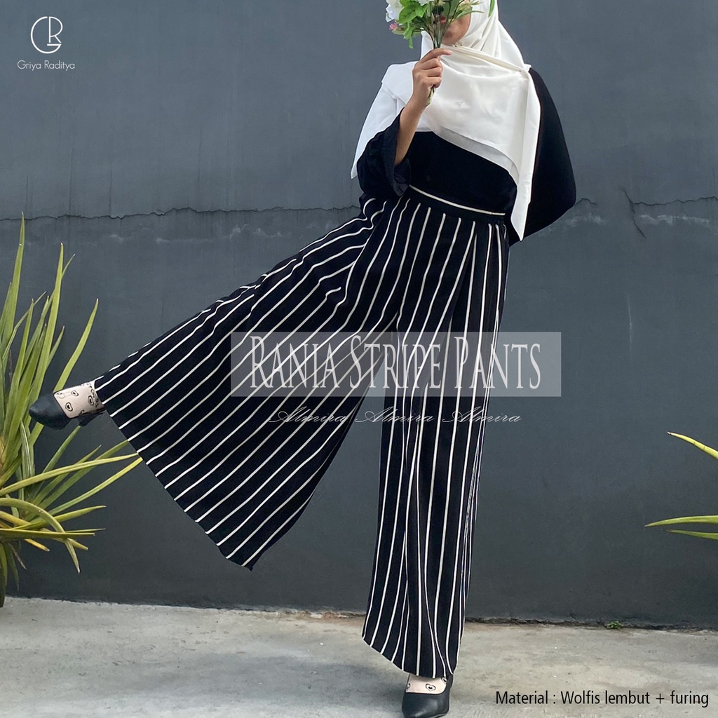 Celana Kulot Panjang Motif Garis Salur Rania Stripe Pants Almira