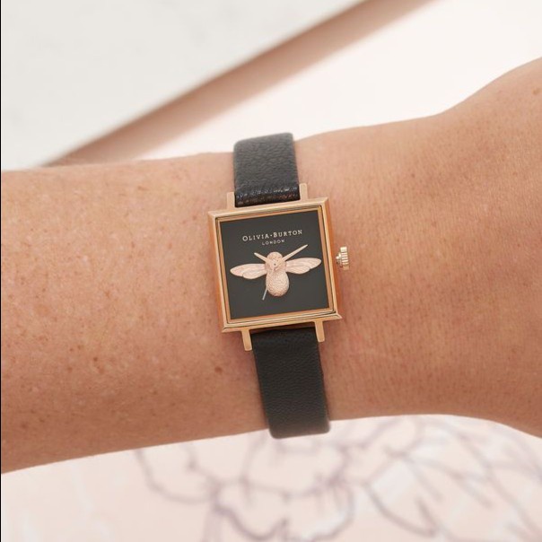 MUST HAVE OLIVIA BURTON 3D BEE SQUARE BLACK LEATHER ORIGINAL TERLARIS