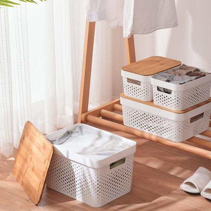Storage Box Kotak Penyimpanan Organizer Box Putih Dengan Tutup Kayu