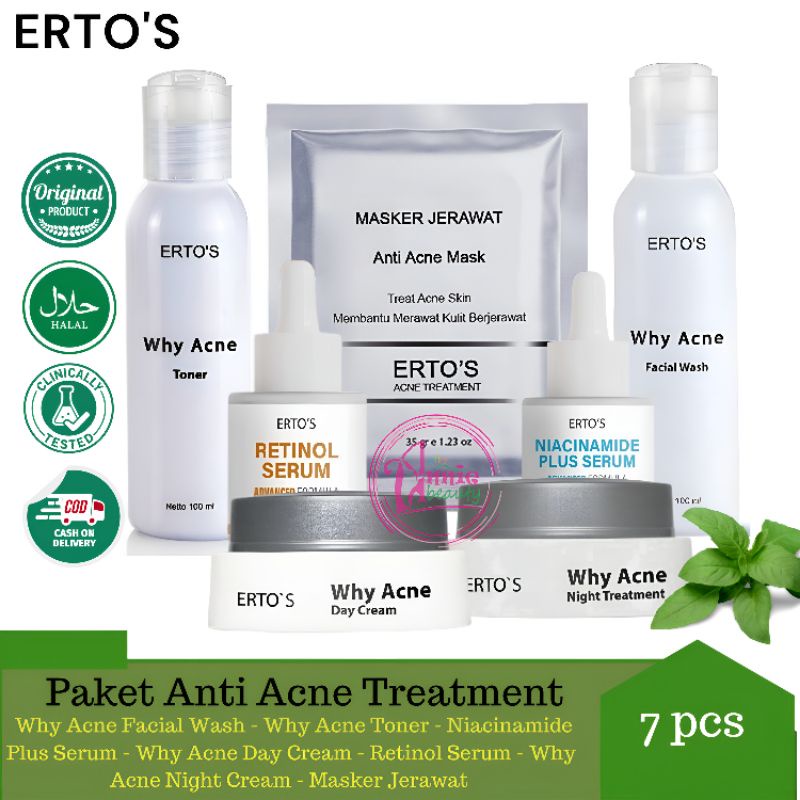 Ertos Paket Anti Acne Treatment ( Facial Wash / Toner / Krim Pagi Malam / Masker / Serum Retinol & N