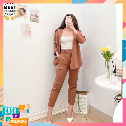 One Set Blazer Wanita Kerja  Korean Style Jumbo Setelan Jas Terbaru 2023 Perempuan Celana Panjang Ba