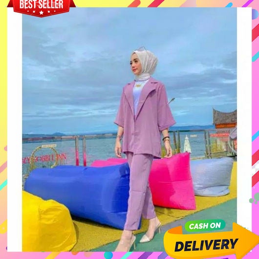 One Set Blazer Wanita Kerja Import Korean Style Jumbo Stelan Jas Kantor Blezer Cewek Casual Baju 2In