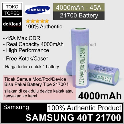 Terlaris Authentic Samsung 40T 21700 4000Mah Battery Batre Baterai Cas 45A