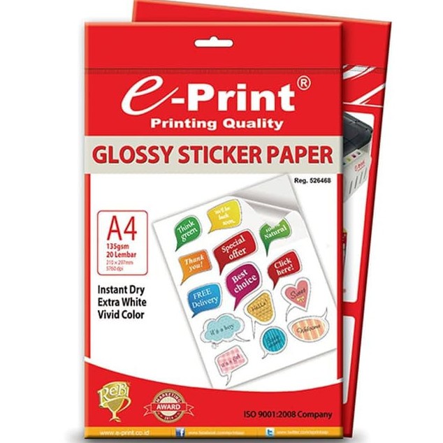 

Terlaris Glossy Sticker Paper E-Print 135Gsm 20Lembar A4 Kertas Stiker Eprint