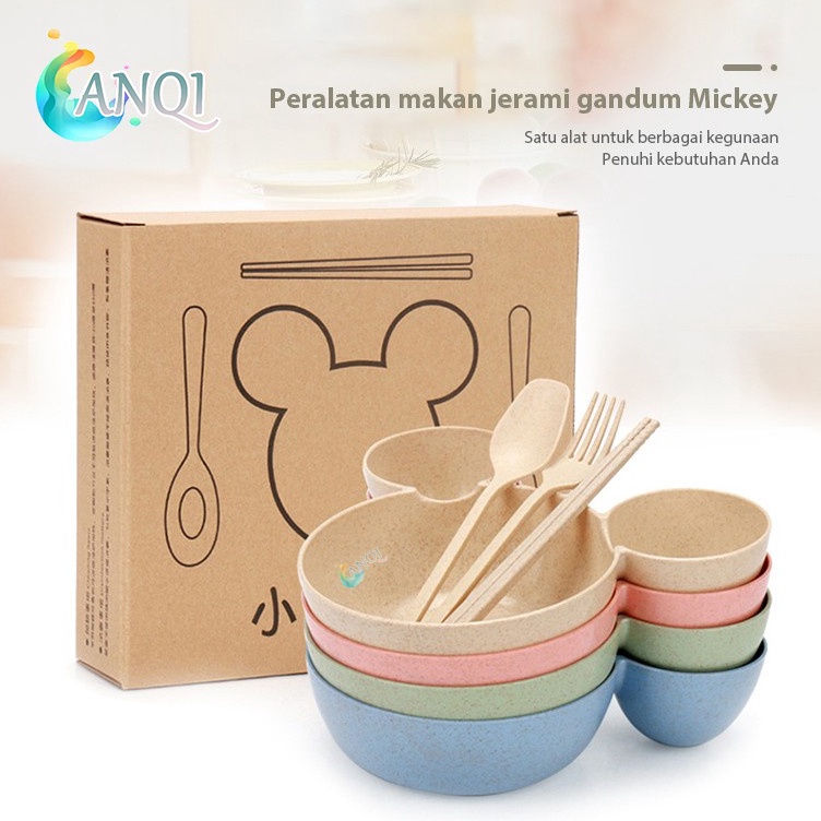 ☋Diskon➳ ED77K ANQI Mangkuk Anak Gratis Sendok Garpu Sumpit Wheat Straw Warna Pastel Mangkok/Piring 