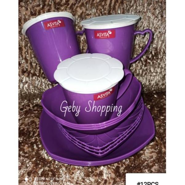 Trending Asvita 9 12 Pcs Paket Cantik Piring Set Mangkok Dan Gelas Plastik Hijau 9Pcs 12Pcs Ungu