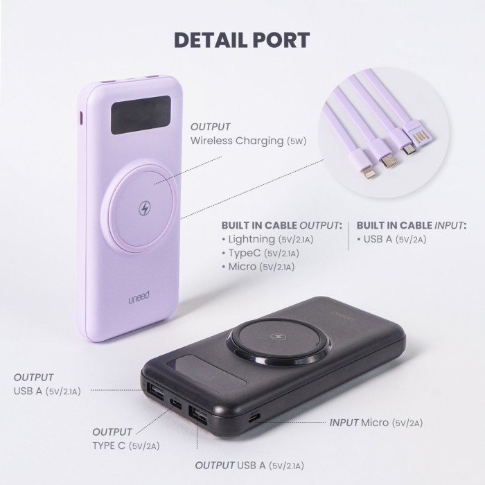 Terlaris Uneed Multibox Wm10 Powerbank Built In Cable Wireless Charging -Upb555