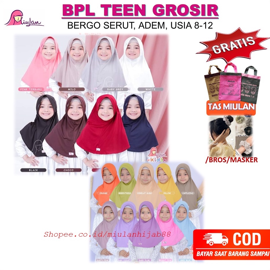 8.8 BPL Anak Teen Miulan GROSIR Hijab 8-12th - BERGO PLAIN LAURA TEEN JILBAB SERUT SERAGAM SD