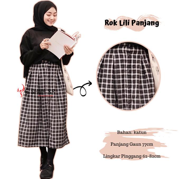 Rok LILY panjang kotak-kotak hitam dan putih kecil