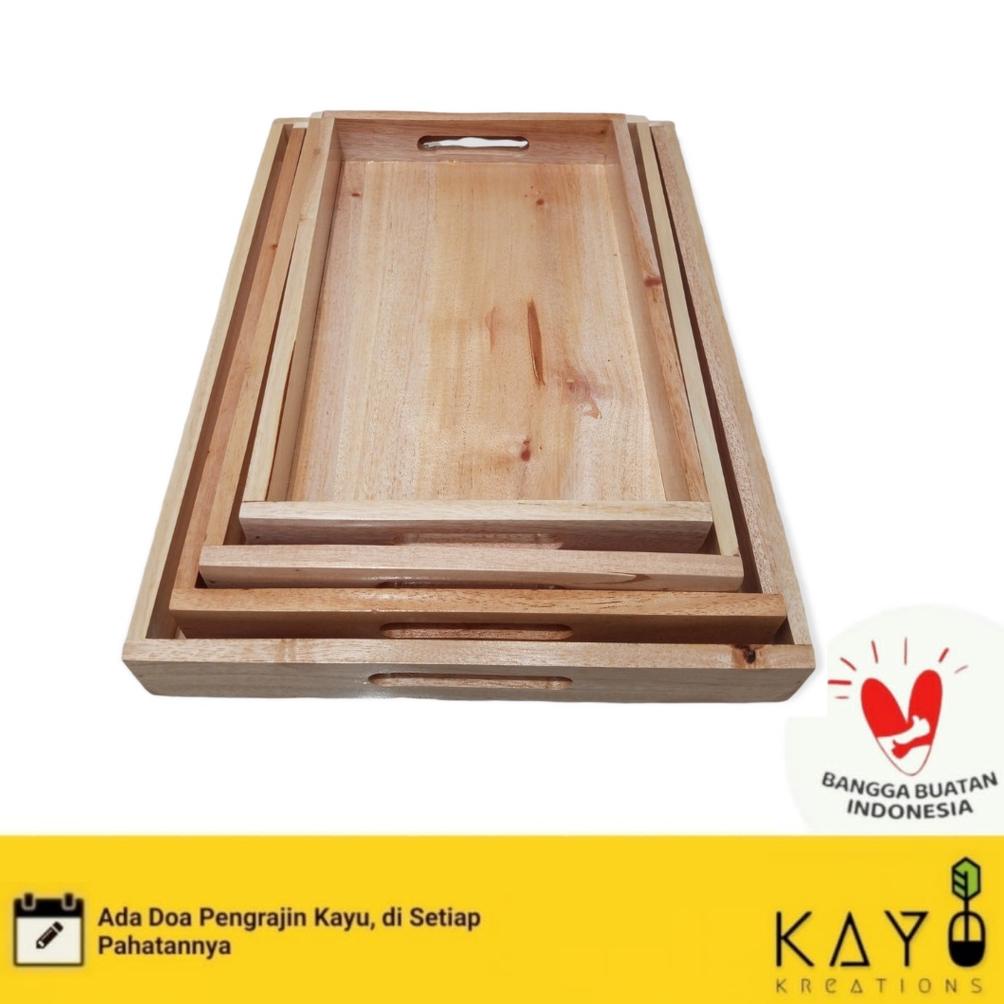 Nampan Tray Kayu Pinus Pegangan Rata  Besar 35X25X4Cm Finishing Pernis Glossy Nampan Saji Hantaran S