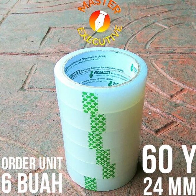 

Terbaru [Pak - 6 Roll] Goldtape Lakban / Solasi / Solatip / OPP 1 inch Bening 24 mm x 60 Y FYW