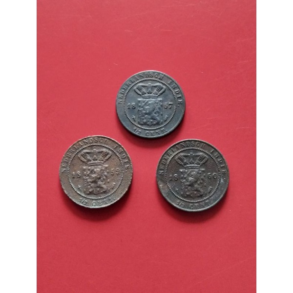 3 keping Koin  kuno 1/2 Cent (Tahun 1857, 1859, 1860)