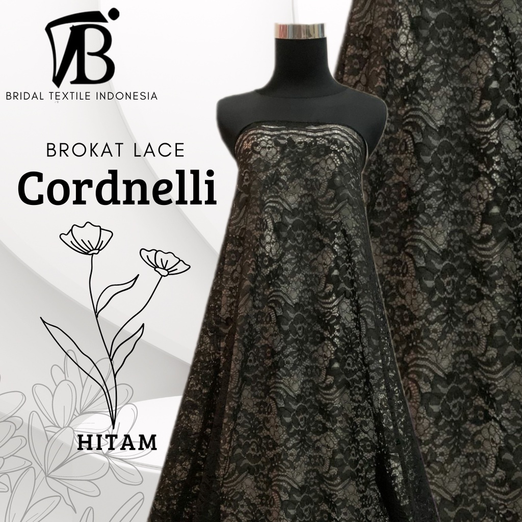 Bahan Kain Brokat Brukat Lace Katun Cord Cordnelli Cornelly Mewah Elegan Warna  Black Hitam