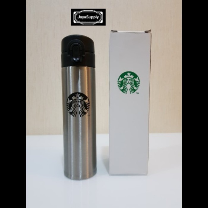 Botol Minum Termos Tumbler Kancing STARBUCKS Air Panas ORIGINAL SILVER