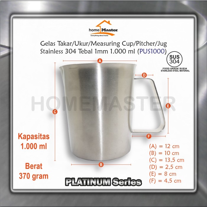 Terlaris Gelas Takar/Ukur/Measuring Cup/Pitcher/Jug Stainless 1000 Ml Pus1000
