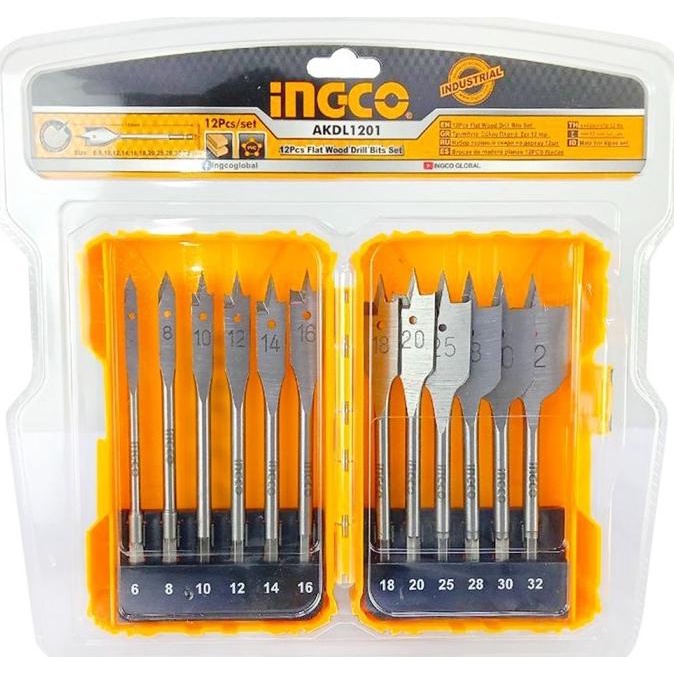 Mata Bor Kayu Kipas 12Pcs Flat Wood Drill Bits (6-32Mm) Ingco Akdl1201