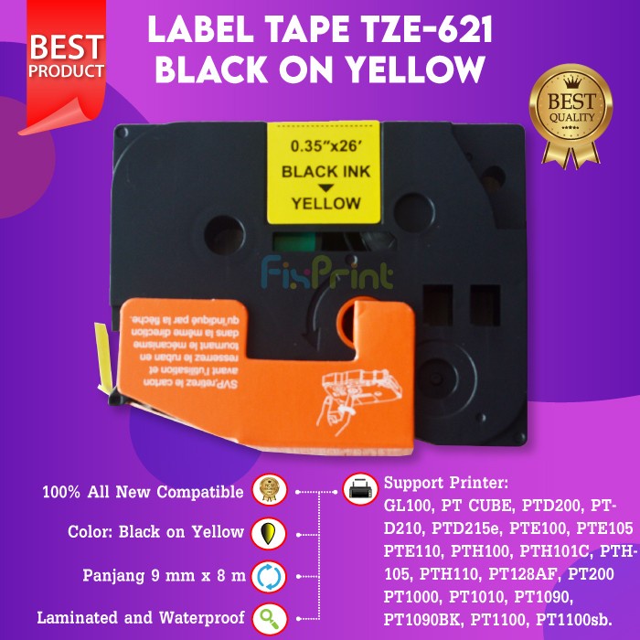 

Label Tape Printer TZE-621 9mm Black On Yellow PT-D600 E300VP E550WVP