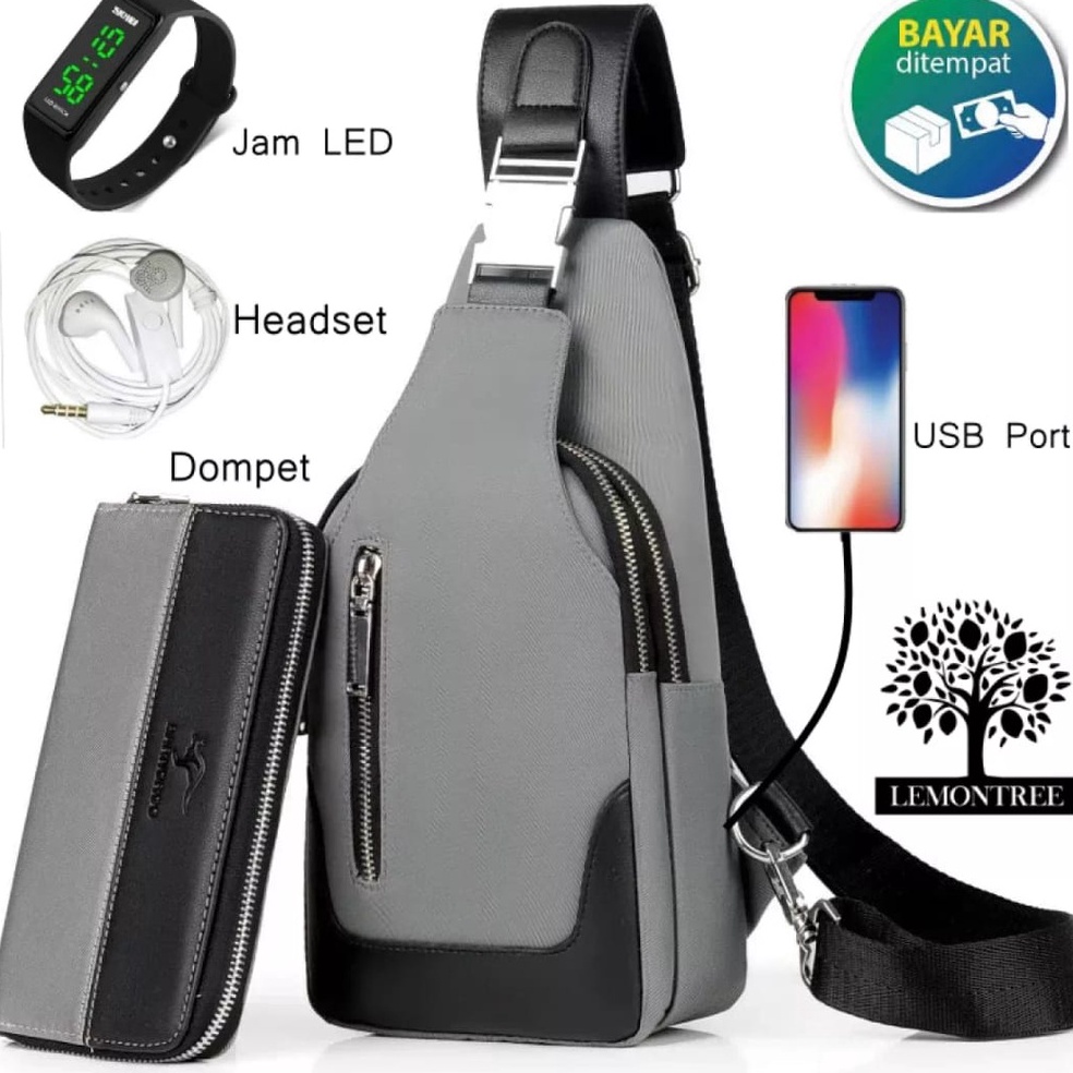 TERBAIK. 5in1-GRATIS DOMPET, JAM LED, HEADSET, USB PORT - GRATIS ONGKIR Tas Selempang Pria /lel5in1Y