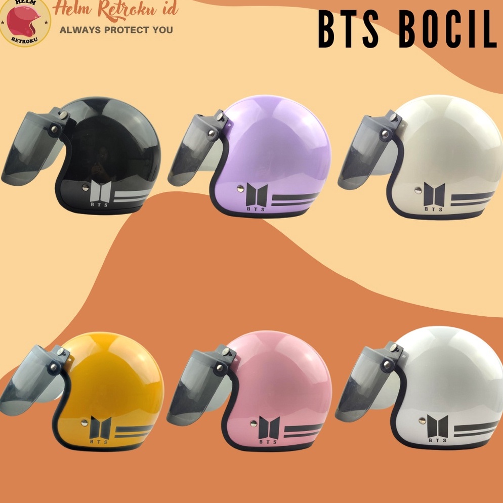 HARGA BERSAHABAT Helm Anak Bogo Retro Cewek Cowok Full Leher motif BTS K-POP usia 4-12 th FREE KACA 