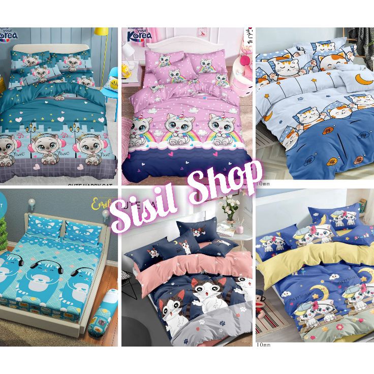 ー Sk Sprei Set Motif Karakter Kucing / Seprai Set Ukuran King 180x200 dan Single Bed 120x200 ✪