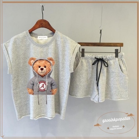 BOOMING. GKS - Baju Setelan Celana Pendek Motif Teddy Bear Import Korea