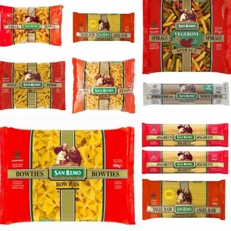 

HOT PROMO SAN REMO PASTA WHOLEMEAL BOWTIES PENNE VEGERONI FUSILLI ELBOW SPAGHETTI 500GR