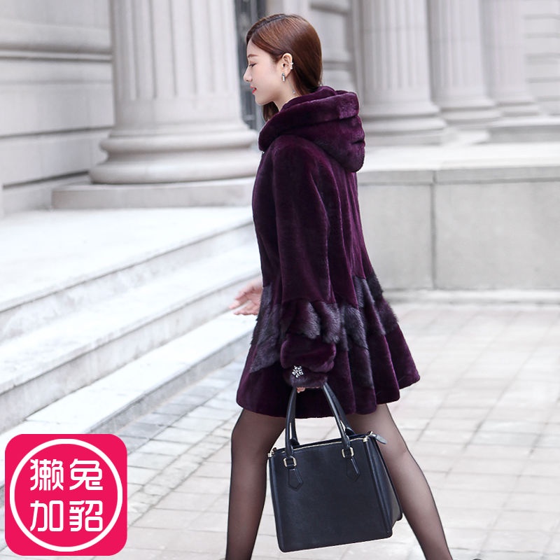 Whole fur rex rabbit plus mink fur rabbit plush mink fur coat 2023 spring new mid-length coat women'