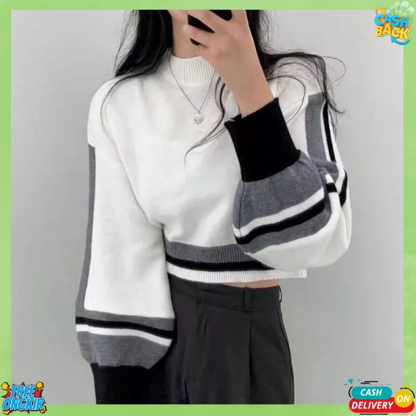 Knit Atasan Wanita Baku Rajut Wanita Murag Pakaian Rib Turtelnek Kais Lengam Panjanh Laos Krah Leher