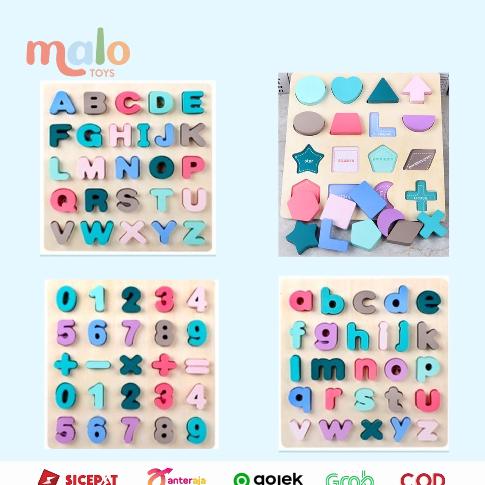 Terkini MALOTOYS - OHYE Chunky Puzzle Kayu Alphabet Macaron Capital Letters Lower Number Shapes 3D M