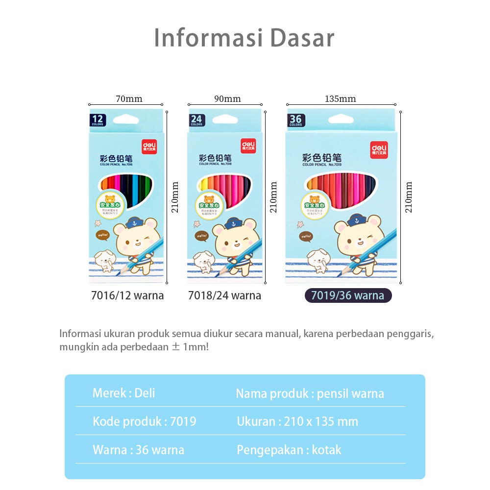 

W9U DELI PENSIL WARNA 12/24/36C WARNA CERAH, BENTUK HEXAGONAL 7016 7018 7019 IEC