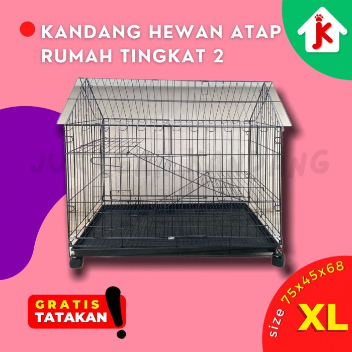 Kandang Hewan Kucing Kelinci Tingkat 2 Atap Rumah Ukuran 75X45X68
