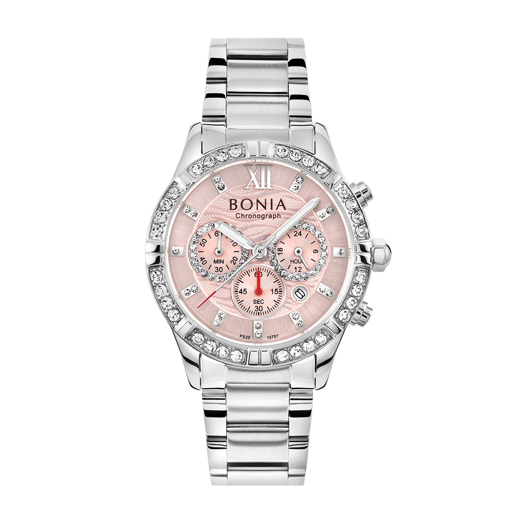 Jam Tangan Wanita Bonia Cristallo Pink Dial Stainless Steel Analog B10707-2373C Original