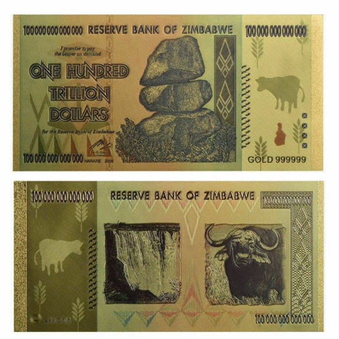 Zimbabwe Gold Foil 100 000 000 000 000 Dollar Souvenir Per 1 Pcs Murah