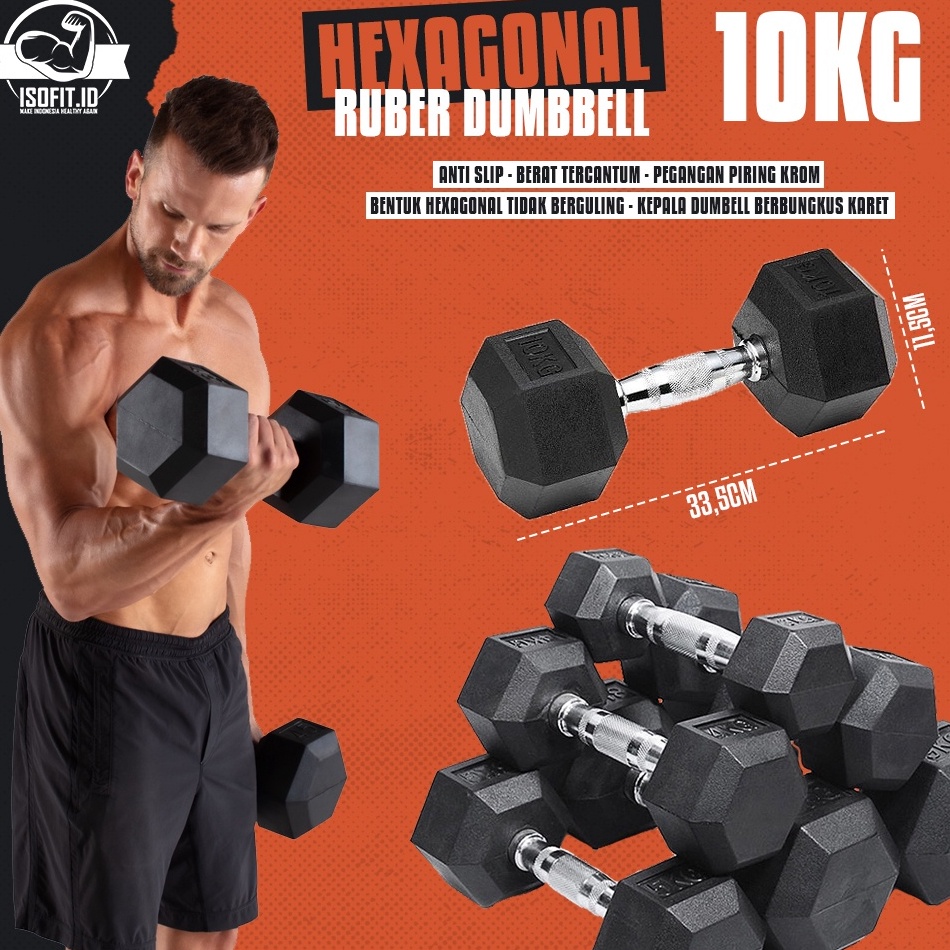 ϟ|Pasti MurahIsofit.id Hex Rubber Dumbell 10 KG / Barbel Hexagonal Karet dengan pegangan besi✣