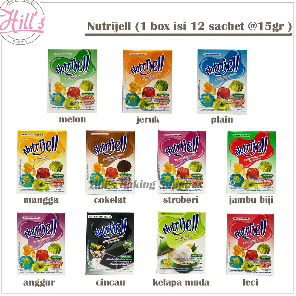 

Bestseller.. NUTRIJELL 1 BOX 12 sachet @ 15 gr / JELLY POWDER / NUTRIJEL COKLAT PLAIN MELON JERUK ANGGUR LECI CINCAU JAMBU BIJI STROBERI KELAPA MUDA MANGGA 15gr AGAR AGAR JELI INSTAN FORISA TTC