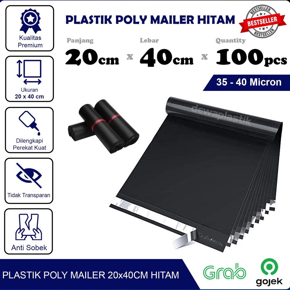 

GMMK0288 ORIGINAL% Plastik Packaging Poly Mailer Hitam Glossy 20x40 cm Isi 100pcs Amplop Kemasan Polymailer LDPE 35-40 Micron 20 x 40 cm Plastik Packing Isi 100 Pcs Kantong Plastik Olshop 40 Micron 20 x 40cm