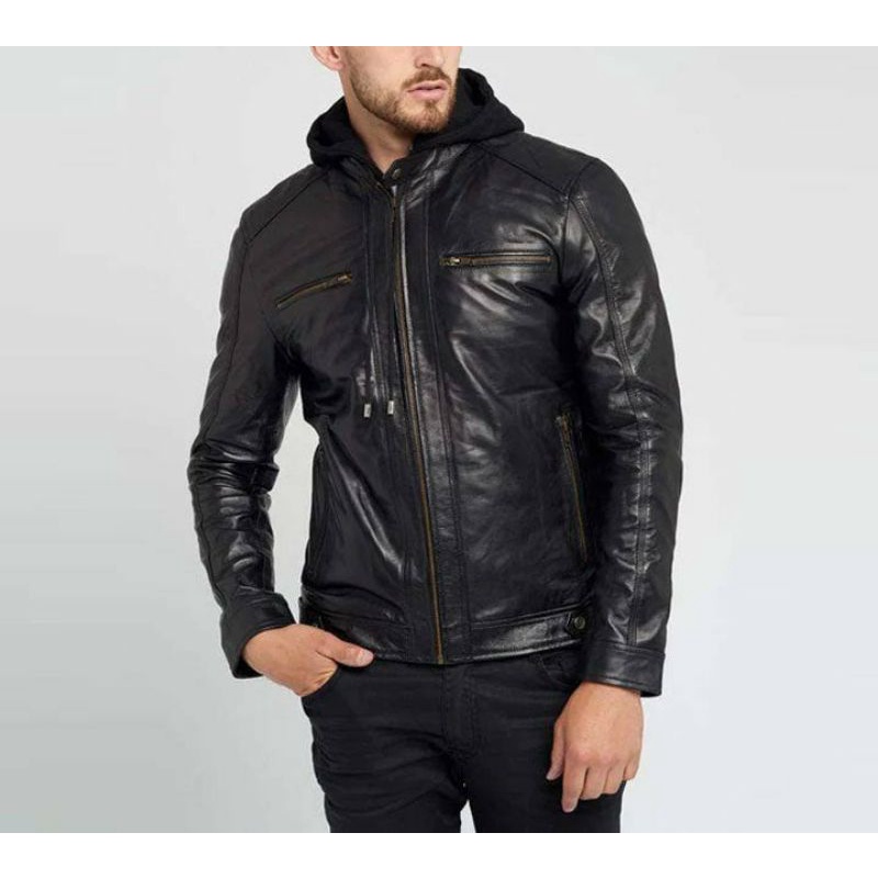 Jaket kulit asli jaket kulit pria pakai hoodie atau kupluk yang bisa dilepas pakai - jaket kulit asl