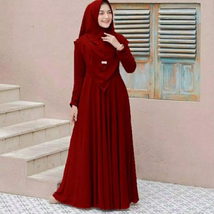 Gamis Dress Syari Wanita Muslim Busui Jumbo Free Hijab Merah Marun