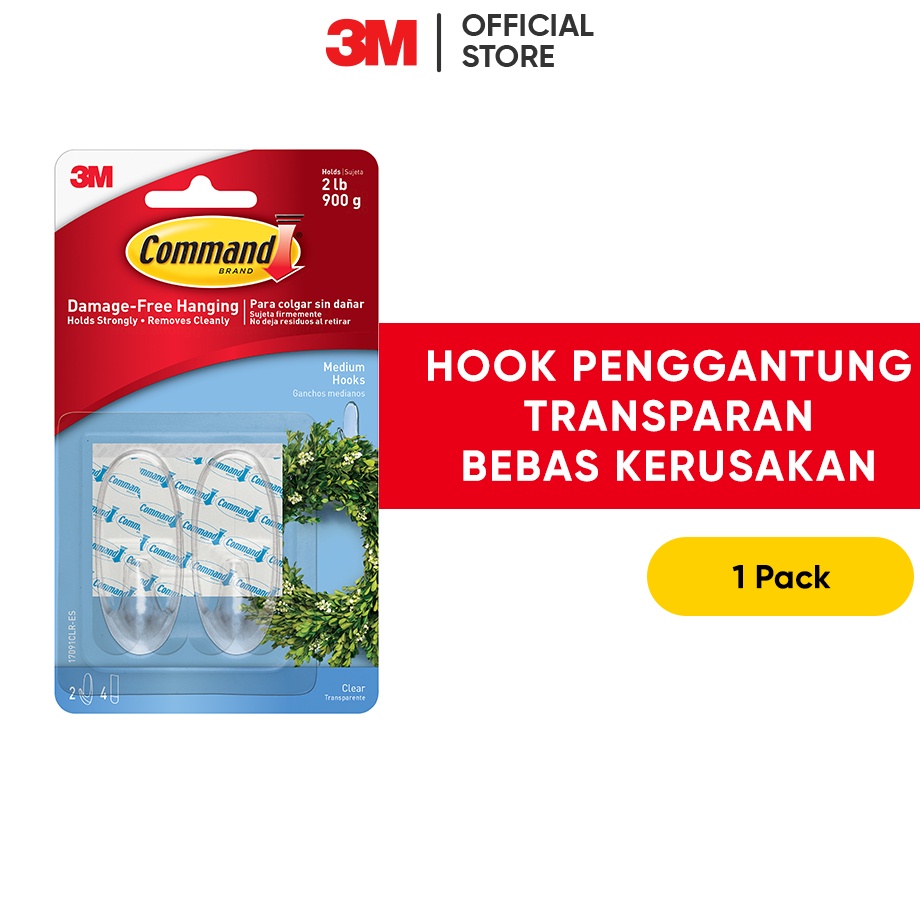 ht 3M Command Gantungan Berperekat Transparan 17091CLR Ukuran Medium / Maks 900g / 2 Hook + 2 Strip 