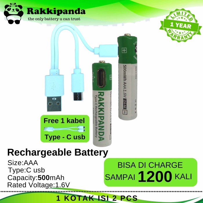Rakkipanda Baterai Type-C Usb Rechargeable Ukuran Aaa