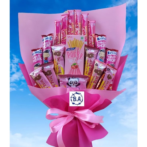 

12.12 (S) BUKET PINK CANTIK POCKY/Anniversary/bingkisan Snack Ulang Tahun/Ultah/Wisuda murah