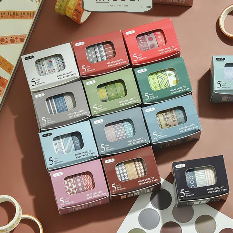 

♛ IX 3195 [MILOLI] 5 Rolls BASIC DECORATION Washi Tape Decor Jurnal Dekor Masking Tape Scrapbook - A0031 (Terbaik) ♟
